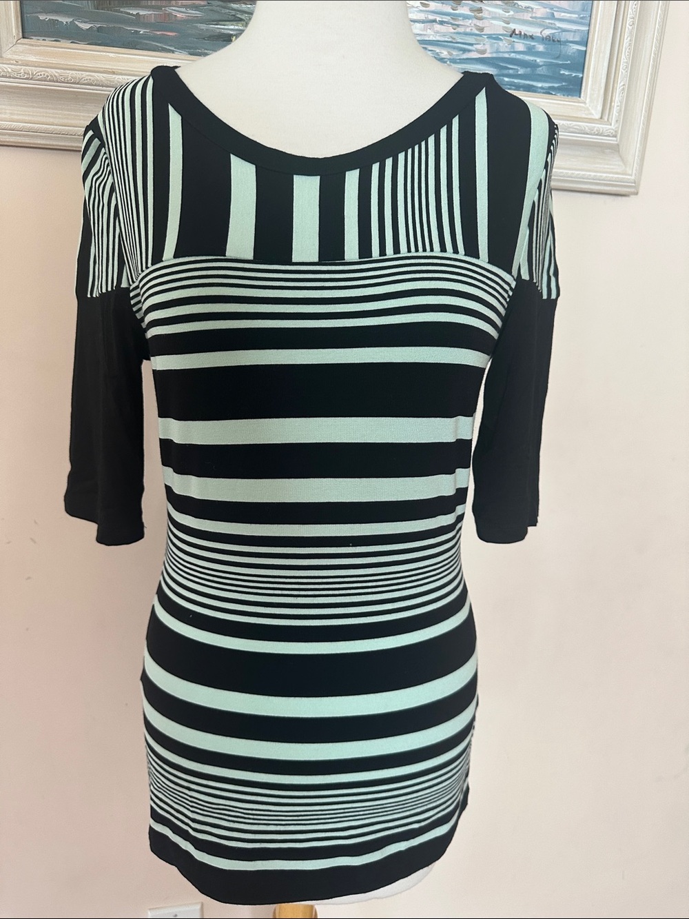 bebe Black and Mint Striped blouse